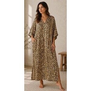 Oscar de la Renta Leopard Print Caftan Maxi Dress Satin Loungewear Pockets Small